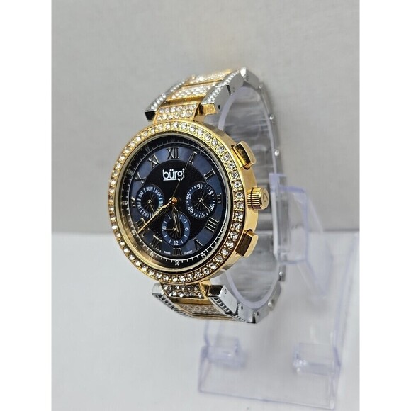 Burgi Womens Two Tone Crystal Swiss Watch Blue MOP Multifunction New Battery main image 2